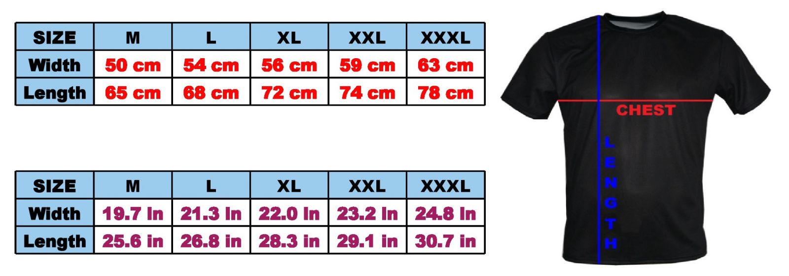 Size guide - T-shirts with all kind of 
